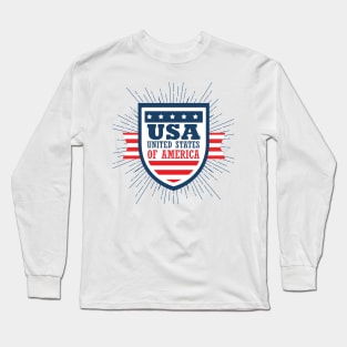 Red and blue shield with stars and USA sign over white  background. Vector illustration. Long Sleeve T-Shirt